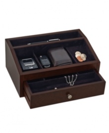 Get him to unload his pockets in one place! Rich mahogany wood and plush suede lining make the Jackson jewelry chest from Reed & Barton the best place to put a wallet, cell phone, change and more. With a divided drawer for rings and chains.