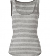 Stylish grey striped tank in cashmere and cotton - Extra-soft and lightweight - Scoop neck and rib detail - Slim fit, hits below the hip - Perfect for pairing with denim or as a layering piece underneath cardigans