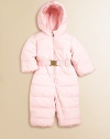 An incredibly warm, down-filled hooded snowsuit is updated for an adorably stylish heritage look with a belted waist and Ralph Lauren crest-engraved metal plaque buckle.Down-filled hoodLong sleevesFull-zip frontBelted waistFully linedShell and lining: PolyesterFill: 60% down/40% waterfowl feathersMachine washImported