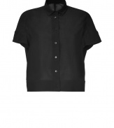 An ultra modern take on the classic shirt, Jil Sanders boxy black wool button-down is a characteristic and chic way to wear the brands iconic minimalist look - Small pointed collar, short sleeves, buttoned cuffs, button-down front - Cropped, boxy cut - Wear with high-waisted trousers and streamlined leather accessories