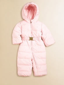 An incredibly warm, down-filled hooded snowsuit is updated for an adorably stylish heritage look with a belted waist and Ralph Lauren crest-engraved metal plaque buckle.Down-filled hoodLong sleevesFull-zip frontBelted waistFully linedShell and lining: PolyesterFill: 60% down/40% waterfowl feathersMachine washImported