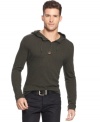 A hoodie lighter than most long-sleeve tees: Armani Jeans hooded T-shirt with four-button placket in a skin-friendly viscose/cotton blend.