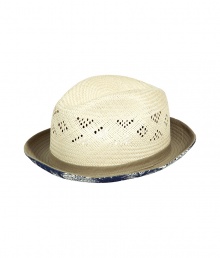 Stylish sand woven straw hat - A modern spin on the classic Trilby - Chic contrast canvas brim - Navy and white floral underside trim - An elegant, go-to accessory this season and an indispensable warm weather must