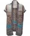 Luxurious cardigan in a fine rayon-wool blend - Elegant grey, blue and beige Missoni knit - Features a small stand-up collar, open front and short, wide sleeves - Stylish alternative to classic cardigans or blazers, with jeans and boots or a pencil skirt and heels