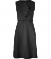 With its immaculate tailoring and softly cascading ruffle, Valentinos stretch sheath is an elegant way to wear the brands iconic look - Round neckline, sleeveless, hidden back zip, belted waistline, leather lined fabric bow belt, side belt loops - Fitted top, full skirt - Wear with pointy-toe pumps and an envelope clutch