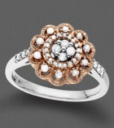 Fresh floral design in an opulent setting. This gorgeous ring features round-cut diamond set in 14k white and rose gold.