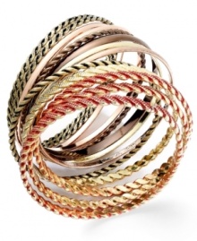 Seeing red. Robert Rose gives its 12-piece set of bangles a rustic feel with a patina finish to go outside the norm. Crafted in gold and rose-gold tone mixed metal. Approximate diameter: 2-1/2 inches.