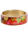 Channel the exoticism and energy of Brasil in Haskell's inspired skinny bangle. The Floral bangle features a multicolored flower design, set in gold tone mixed metal with a hinge clasp. Approximate diameter: 2-1/2 inches. Approximate length: 8 inches. Item comes packaged in a pink gift box.