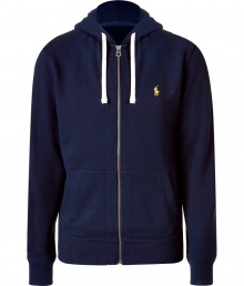 Sporty separates are casual wardrobe essentials, and this Polo Ralph Lauren navy cotton fleece zip up has enduring appeal - Slim, straight cut - Classic hoodie style, with drawstrings, kangaroo pockets and full zipper - Banded waist and cuffs - Embroidered polo pony logo at chest - Easy and indispensable, perfect for pairing with jeans, chinos, shorts or sweatpants