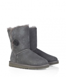 A stylish twist on a venerable classic, the UGG Australia grey Bailey Button boot is a welcome addition to your cold weather casual wardrobe - Crafted from twin-faced sheepskin and featuring exposed seams, reinforced heel, traction outsole and signature Ugg label - Wooden button and elastic band closure - Fleece-lined for superior warmth and comfort - Traditional mid-calf height - Truly versatile, perfect for pairing with everything from skinny jeans to yoga pants to miniskirts