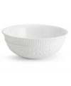 A little bit country. Made for the rigors of daily use but with an embossed design that's entirely graceful, the American Countryside vegetable bowl from Mikasa promises well-balanced dining in classic white stoneware.