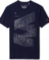 This stylish Guess tee celebrates living it up at lightening speeds.