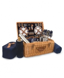 Picnic Time takes fine dining al fresco with the Windsor picnic basket. Woven in pure willow with leather straps and a plush corduroy interior, this deluxe basket boasts grand style plus a fleece blanket and extensive food and coffee service for four.