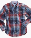 Pair this Tommy Hilfiger plaid shirt with a crisp pair of denim to give your guy a timeless style.