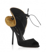 Dreamy black suede sandals with gold frill by Sergio Rossi - Ultra-sexy peep-toe shoe with flirty golden bow detail at ankle - Rich black suede with super high 12 cm stiletto heel, and tie-up ankle strap - Wear with slim trousers, a sultry sheer blouse, and a bib-necklace