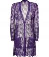 Luxe cardigan in fine, viscose and cupro blend - Elegant and chic, classic Missoni knit - On-trend, colorway in vibrant shades of purple - New, lengthier straight silhouette tapers gently at waist - Deep V-neck and long button placket - Two oversize front patch pockets - Delicate, decorative hem and cuffs - Sophisticated and modern, ideal for both work and play - Pair with cigarette pants, skinny jeans or a pencil skirt