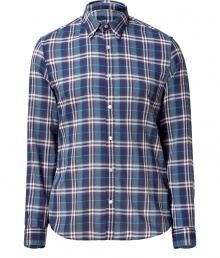 Stylish shirt in fine, pure blue patterned cotton - Soft yet durable, lighter weight material - Elegant check motif in rich shades of indigo and turquoise - Small collar and long cuffed sleeves and full button placket - Rounded hem hangs slightly longer in the back - Straight, classic cut - Versatile and casually cool, easily dressed up or down - Wear solo or beneath a blazer and pair with jeans, chinos or suit trousers