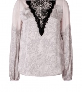 A romantic take on this seasons lace trend, Emilio Puccis printed silk top is as contemporary as it is chic - Boat neckline, sheer black lace front panel, charcoal lace printed silk, wide sleeves with gathered buttoned cuffs, slit with button closure at nape, shirttail hemline - Loosely fitted - Wear with leather leggings and statement suede ankle boots