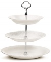 Embossed vines, graceful beading and gently distressed accents give the Blanc 3-tier server the classic, romantic feel of Maison Versailles dinnerware. With sculpted, silvertone metal handle.