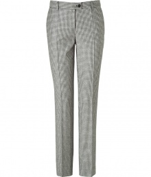 Channel chic 1960s-inspired style with these classic wool pants from Moschino C&C - Flat front, belt loops, off-seam pockets, back welt pockets with button, straight leg with creasing, all-over check print - Wear with a cowl neck sweater, platform heels, and an oversized tote