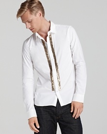 Stripes of metal sequins lend a fashion-forward finish to this button-down shirt from Diesel.