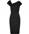 The classic LBD gets a stylish upgrade from Valentino with an asymmetrical draped neckline - Asymmetrical draped neckline with knot detail, sleeveless, fitted silhouette, pencil skirt, concealed side zip closure - Pair with peep-toe platforms, a slim trench, and a stud embellished clutch