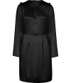 Sleek and sexy dress in fine black silk - Slim cut with crew neck, ruffled shoulders and long, moderately-wide sleeves - Feminine figure-flattering cut with mid-thigh length and waist-highlighting detail - Trendy and chic, looks great with booties, platform pumps or sandals