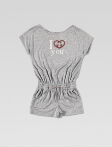 A cozy, short sleeved one-piece adorned with interlocking, studded G heart that's transformed into an 'I Love You' print.Round necklineShort sleevesBack keyhole buttonElastic waistband with drawstringSide pocketsViscoseHand washMade in Italy