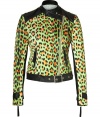 Work a wild edge into your cocktail attire with Just Cavallis eye-catching leopard print moto jacket - the perfect choice for pairing with Little Black Dresses - Stand-up leather collar, long sleeves with solid black paneling, zippered cuffs with snapped leather tabs, leather shoulder panels, off-center front zip, zippered pockets, belted leather hemline - Form-fitting - Wear with platform pumps and a jet black cocktail frock, or try with leather leggings and edgy ankle boots