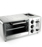 Toast times two. This Waring toaster oven brings do-it-all efficiency to your countertop, acting as a second oven, simple toaster or both at the same time! Bake, broil or toast in the 0.45-cubic-foot oven portion -- large enough to toast 4 slices of bread -- or use the built-in 2-slice toaster to brown bread, bagels and more. One-year warranty. Model WTO150.