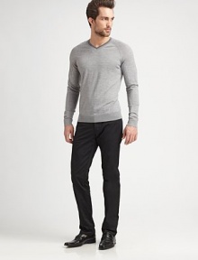 Lightweight, extra fine wool sweater shaped in a modern-fit with contrasting trim at the collar.V-neckRibbed knit collar, cuffs and hemWoolDry cleanImported of Italian fabric