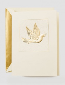 A hand engraved honey-gold dove offering up a sprig of holly in its beak is a perfectly elegant way to wish loved ones peaceful tidings. Inside reads Peace on Earth today & always engraved in gold. Set of 10 cards5.5 X 7.38Made in USA