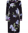 Power florals remain in full bloom, and Leonards black and iris printed dress elevates the trend to new levels of ladylike luxe - Slim cut in lush, textured silk with a waist cinching tie belt - Long, fitted sleeves and flattering boatneck - Pencil-style skirt hits at knee - Pair with ballet flats and a light cardigan by day, and style with a cropped leather jacket and strappy sandals by night