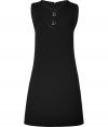 This retro look has become a modern addition to any hip wardrobe - 1960s-style dress in black wool crepe - Sleeveless with a small, subtle v-neckline, decorative buttons and piping - Slim, fitted cut with a flared A-line silhouette - Simple, feminine choice for just about any occasion - Wear to the office with a blazer and flats, or in the evening with heels and a clutch