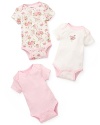 She'll look sweet all week in this trio of comfy cotton bodysuits, with loving details like ribbons and flower embroidery.