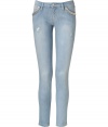 Ultra soft and equally flattering, Iros embellished light blue jeans are a cool choice perfect for giving your casual look a kick of Downtown edge - Five-pocket style, bead trimmed front pockets, zippered back patch pockets, zip fly, button closure, distressed front detailing - Slim fit, ankle length - Wear with chunky knit pullovers and edgy biker boots