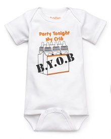 A short sleeve romper with baby bottles and Party tonight in my crib - BYOB printed on front.