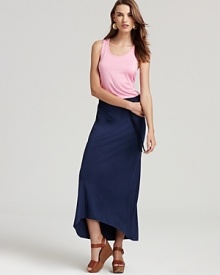 Casually chic in a so-hot colorblocked look, this maxi from So Low offers a two-piece look in one effortless pull-on dress. The a scoop-neck racerback tank and a hi-low long skirt join at the elastic waist hidden by a ribbon belt.