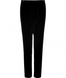 Ultra stylish black velvet pants from LAgence - With an on-trend harem silhouette, these velvet pants combine edge and sophistication - Harem silhouette, elastic waistband, tapered leg, stripe detail - Style with a bustier-style tank, a boyfriend cardigan, and platform wedges