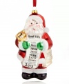 Santa Claus releases the much-anticipated 2012 good list, topped with Jack, David and Jenny, in this molded glass ornament from Holiday Lane.