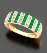 Adorn yourself with excitement. This ring features stunning stripes of round-cut diamonds (1/10 ct. t.w.) and princess-cut emeralds (9/10 ct. t.w.) set in 14k gold.