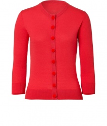 Button-up sweet sophistication in LWren Scotts impossibly feminine coral cashmere shrunken cardigan - Rounded neckline, 3/4 sleeves, fine ribbed trim, tonal velvet button-down front - Feminine slim fit - Team with sleek separates for work, or dress up with pretty cocktail dresses and a dusting of sparkly fine jewelry