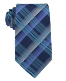 Plaid goes modern with bold colors on this power tie from Kenneth Cole Reaction.