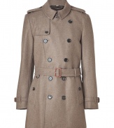 Invest in high style with this ultra-chic wool trench from Burberry London - Small spread collar, long sleeves with belted cuffs, epaulets, double-breasted, front button placket, belted waist - Fitted silhouette - Pair with slim trousers or jeans and a cashmere pullover