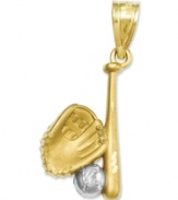 A total homerun! This sporty charm includes a bat, glove and baseball all in polished and textured 14k gold and sterling silver. Chain not included. Approximate length: 1 inch. Approximate width: 2/5 inch.