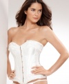 A beautifully bold choice for your special day. This corset by Jezebel provides structure with boning throughout and sexy style with lace trim and satin lacing at back. Style #34962