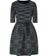 With its sweet fitted bodice and feminine full skirt, Missoni Ms mini-striped knit dress counts as one of our fall favorites - Round neckline with black knit trim, elbow-length sleeves, black self-tie sash around the waist, pull-over style - Fitted top, full skirt - Wear with platform loafers and an oversized tote for work