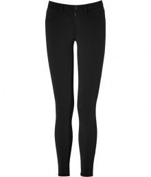 A closet must-have, these super skinny pants in black stretch nylon are a signature design from J Brand Jeans - Classic five-pocket style, mid-rise waist, zip fly front, belt loops, flattering back pockets - Narrow leg and figure-flattering slim cut - Wear with a chunky-knit oversized sweater and favorite ankle booties