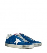 Luxe with a retro edge, these sneakers from Golden Goose will kick your style into high gear - Round toe, lace-up style, side star detail, contrasting rubber sole, supple blue suede with white leather trim - Pair with jeans or cargo pants, a tee, and a leather jacket