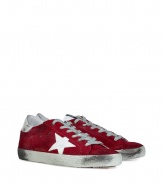 Luxe with a retro edge, these sneakers from Golden Goose will kick your style into high gear - Round toe, lace up style, side star detail, contrasting rubber sole, supple red suede with white leather trim - Pair with jeans or cargo pants, a tee, and a leather jacket